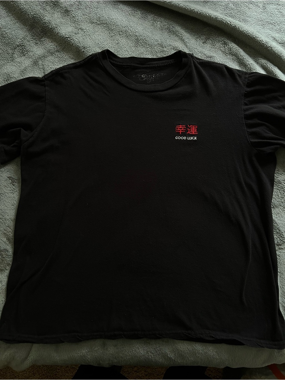 Men's Black 'Good Luck' Graphic Tee with Red Embroidery